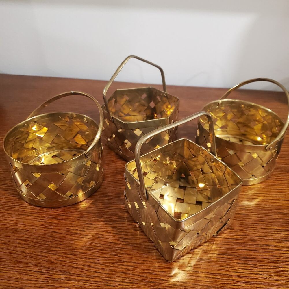 Vintage Brass 4 Pc Woven Basket Small Metal Decor Planter Holder Handle Boho
